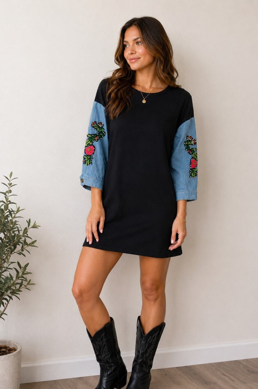 Boho Embroidered Denim Sleeve Tunic Sweatshirt Dress Small